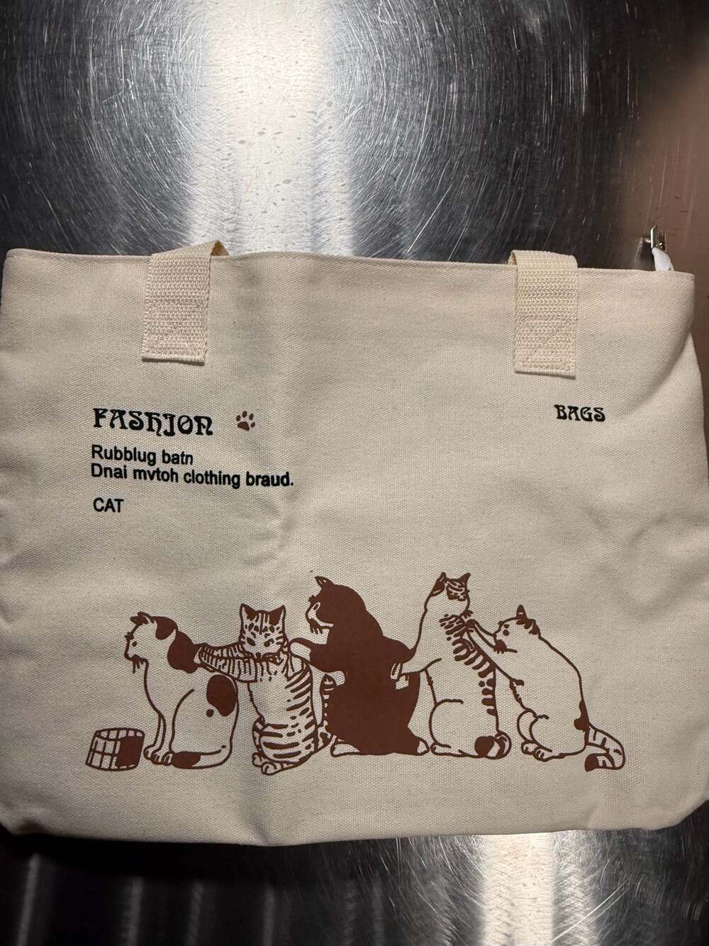 Cat Print Canvas Tote Bag with Zipper Closure